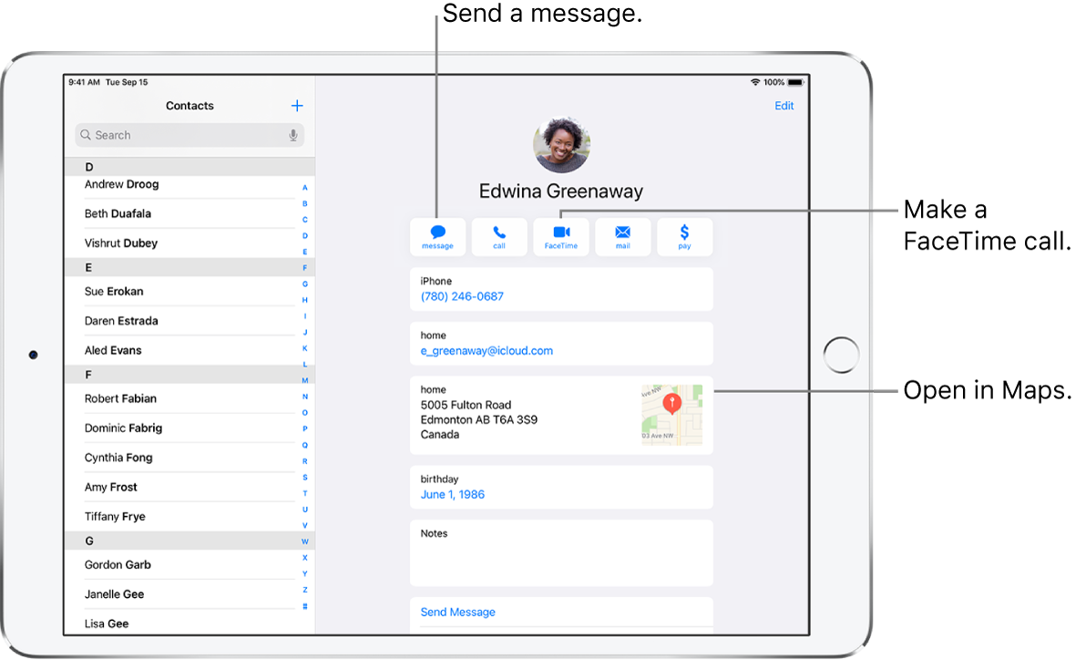 The Contacts screen, with the Contacts list on the left and the selected contact card on the right. Below the contact’s photo and name are buttons for sending a message, making a phone call, making a FaceTime call, sending an email message, and sending money with Apple Pay. Below the buttons is the contact information.