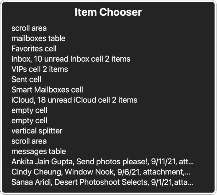 The Item Chooser is a panel that lists items such as empty scroll area, close button, toolbar, and Share button, among others.