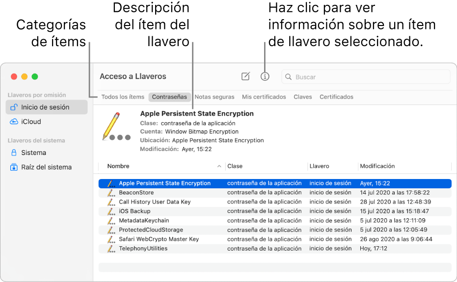 La ventana de Acceso a Llaveros. A la izquierda se muestra una lista con tus llaveros. En la parte superior derecha se muestra una lista de categorías de los ítems que hay en el llavero seleccionado (por ejemplo, Contraseñas). Abajo a la derecha se muestra una lista de ítems de la categoría seleccionada, y encima de la lista de ítems hay una descripción del ítem seleccionado.