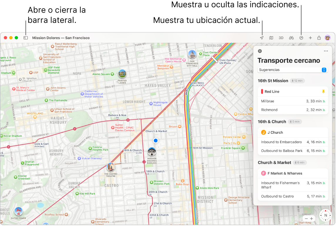 Una ventana de Mapas mostrando cómo obtener indicaciones haciendo clic en un destino en la barra lateral, cómo abrir y cerrar la barra lateral, y cómo ver tu ubicación actual en el mapa.