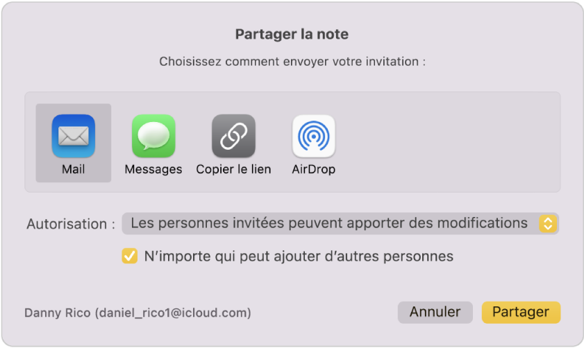 La zone de dialogue « Partager la note », à partir de laquelle vous pouvez déterminer comment inviter des personnes à partager une note.