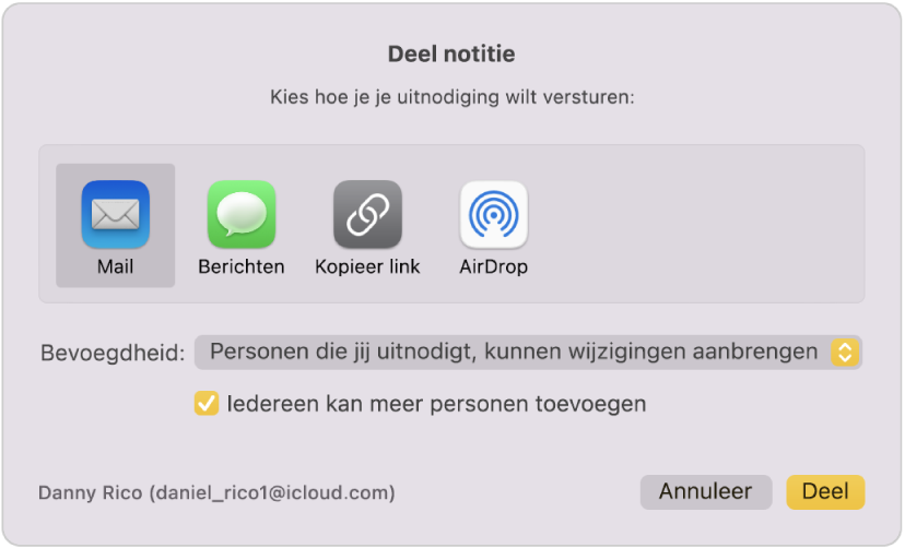 Het dialoogvenster 'Deel notitie', waar je kunt aangeven hoe je de uitnodiging wilt versturen om een notitie te delen.