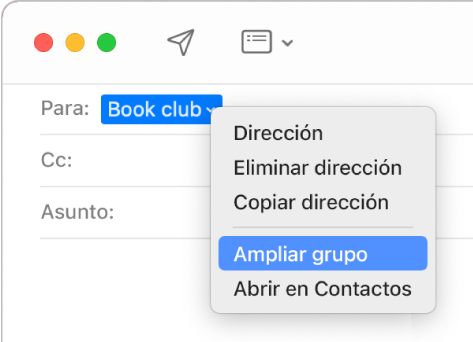 Un correo mostrando un grupo en el campo “Para” y el menú desplegable mostrando el comando “Ampliar grupo”.