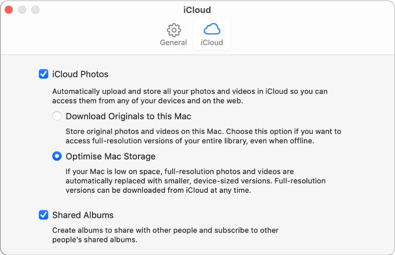 The iCloud pane of Photos preferences.