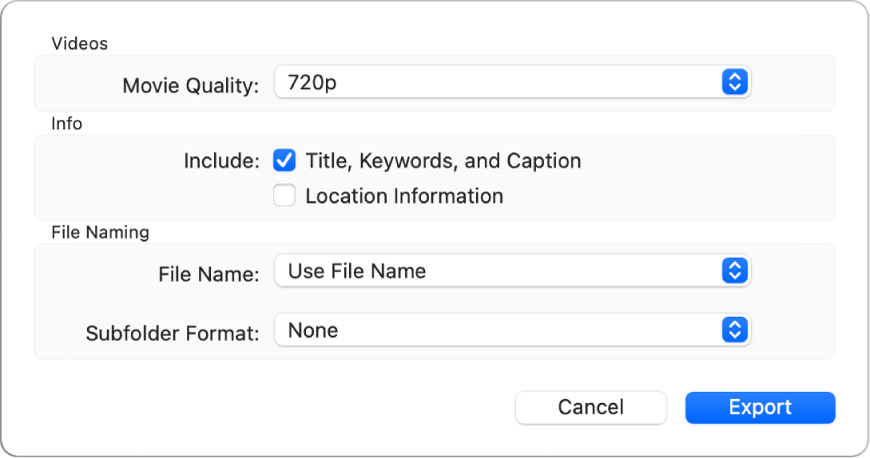 A dialog showing options for exporting videos.