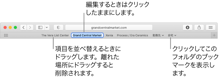 複数のブックマークとブックマークフォルダを含むお気に入りバー。バーのブックマークまたはフォルダを編集するには、それをクリックしたままにします。バーの項目を並べ替えるには、ドラッグします。項目を削除するには、バーの外にドラッグします。