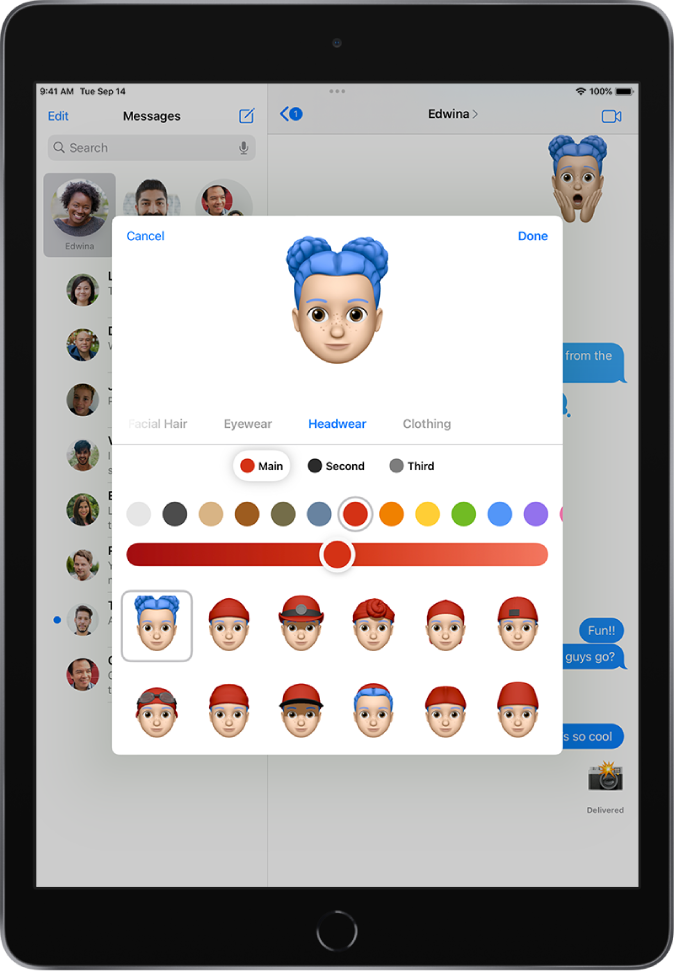 The create Memoji screen, showing the character being created at the top, features to customize below the character, then below that, options for the selected feature. The Done button is at the top right and the Cancel button is at the top left.