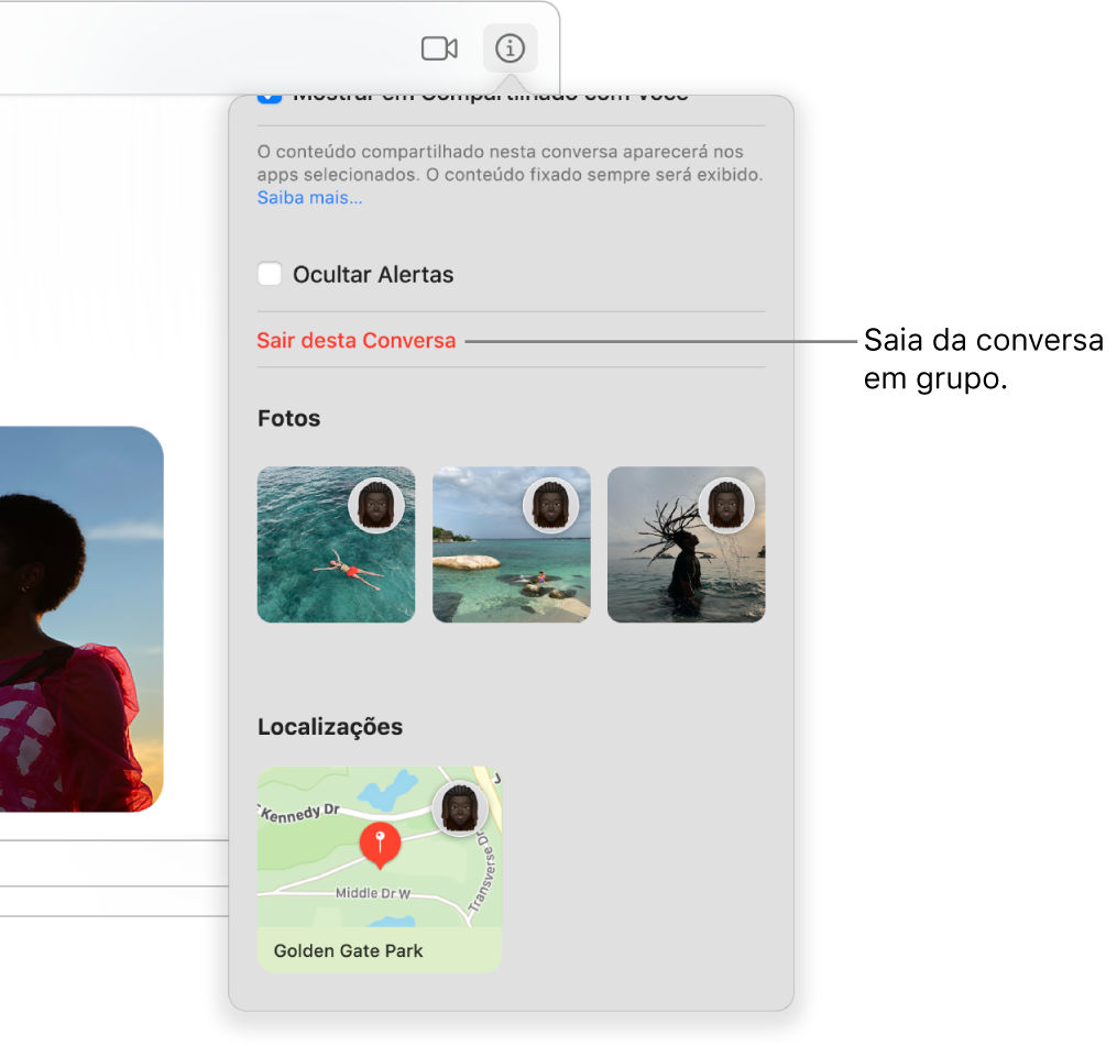 Visualização de Detalhes, que aparece ao clicar no botão Detalhes em uma conversa em grupo. Sair desta Conversa está perto da parte inferior do diálogo.