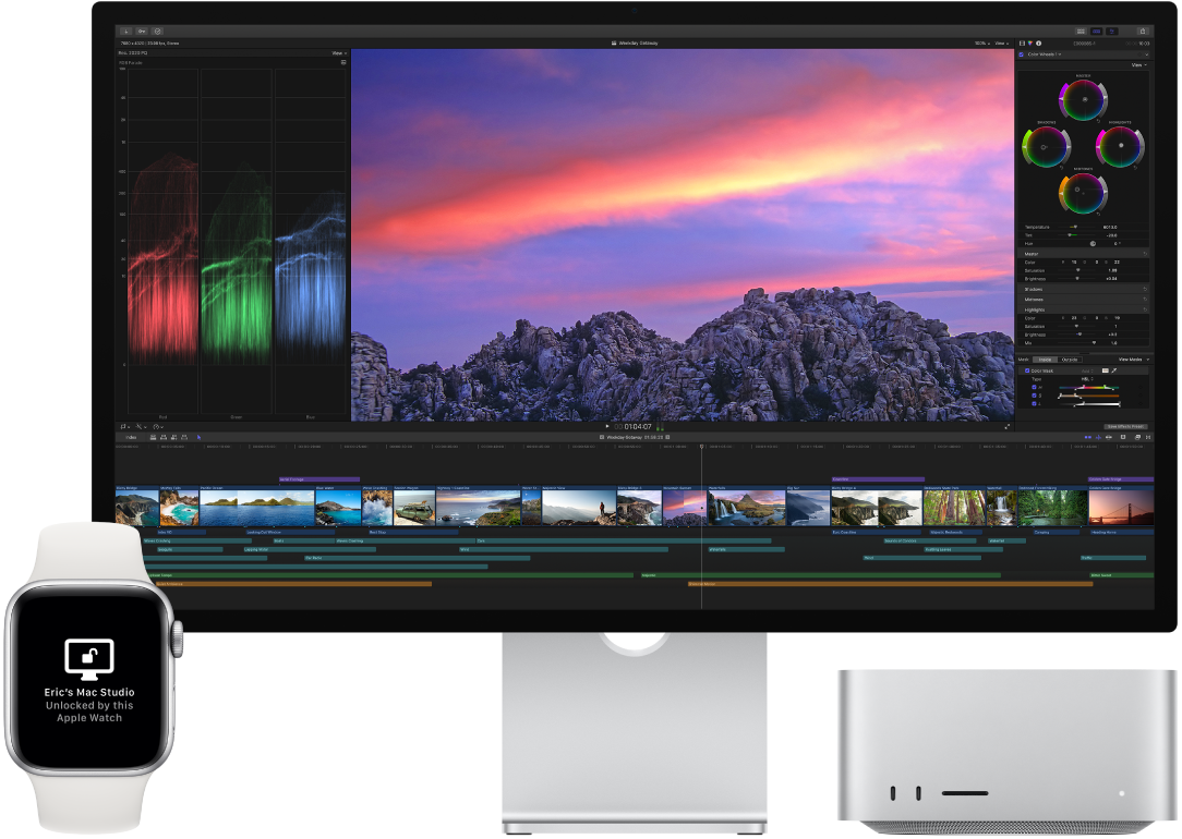 Una Mac Studio junto a un Apple Watch mostrando un mensaje que dice que la Mac se desbloqueó usando el reloj.