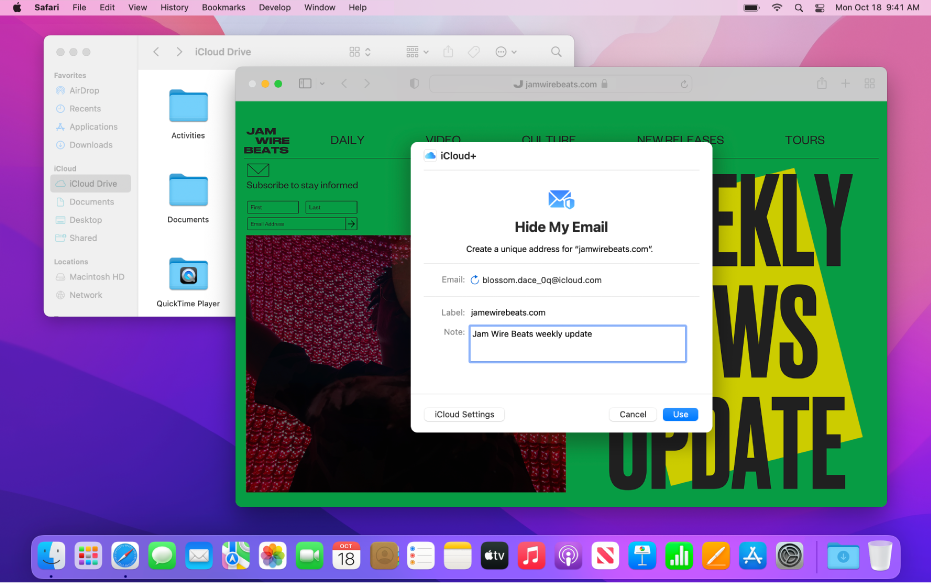 A Mac desktop showing two open windows—the Finder showing files from iCloud Drive and the Safari app and Hide My Email settings.