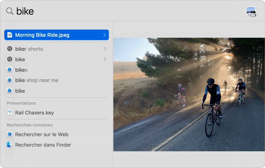 Fenêtre de Spotlight affichant une recherche dans le champ de recherche en haut de la fenêtre, les résultats dans le coin inférieur gauche, ainsi que l’aperçu de l’un des meilleurs résultats à droite.