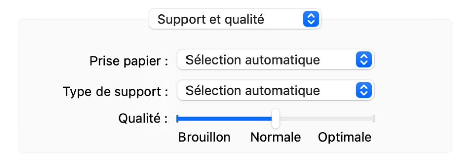 L’option « Support et qualité » affichant les menus locaux « Prise papier » et « Type de support », ainsi qu’un Curseur d’échelle de qualité.