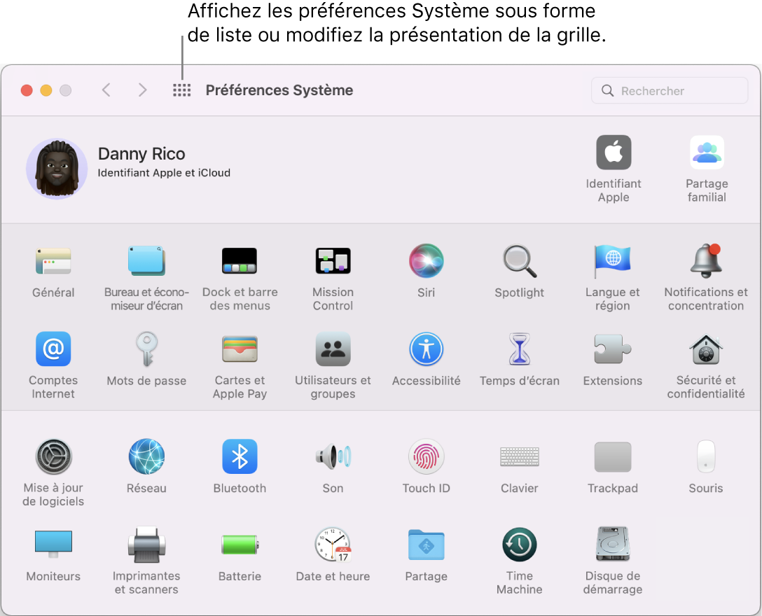 La grille d’icônes dans la fenêtre des Préférences Système. Cliquez sur le bouton « Tout afficher » de la barre d’outils de la fenêtre pour afficher les préférences système sous forme de liste, ou pour changer l’aspect de la grille.