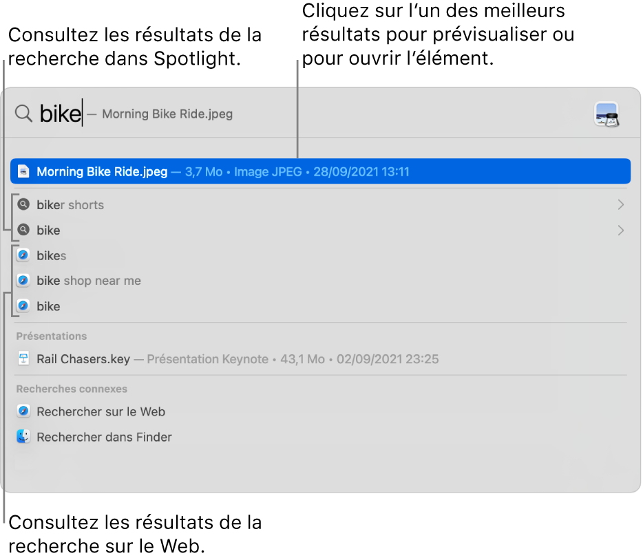 Fenêtre de Spotlight affichant une recherche dans le champ de recherche en haut de la fenêtre et les résultats en dessous.