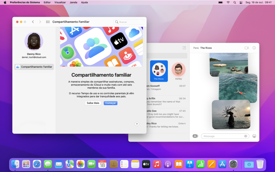 Mesa do Mac com o painel de Compartilhamento Familiar das Preferências do Sistema para começar e janela do app Mensagens com diversas conversas e algumas fotos em uma delas.