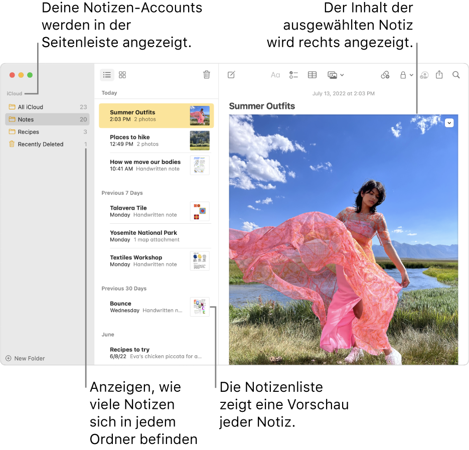 Das Fenster der App „Notizen“ mit allen konfigurierten Accounts und Ordnern in der Seitenleiste links, mit einer Liste von Notizen inklusive einer Vorschau jeder Notiz in der Mitte und dem Inhalt der aktuell ausgewählten Notiz rechts. Neben jedem Ordner wird die Anzahl der darin enthaltenen Notizen angezeigt.