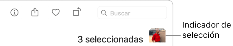 Un indicador de selección mostrando que se seleccionaron tres fotos.