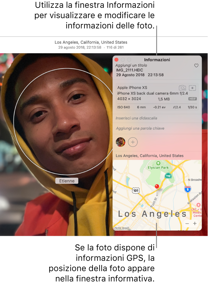 La finestra Informazioni di una foto.