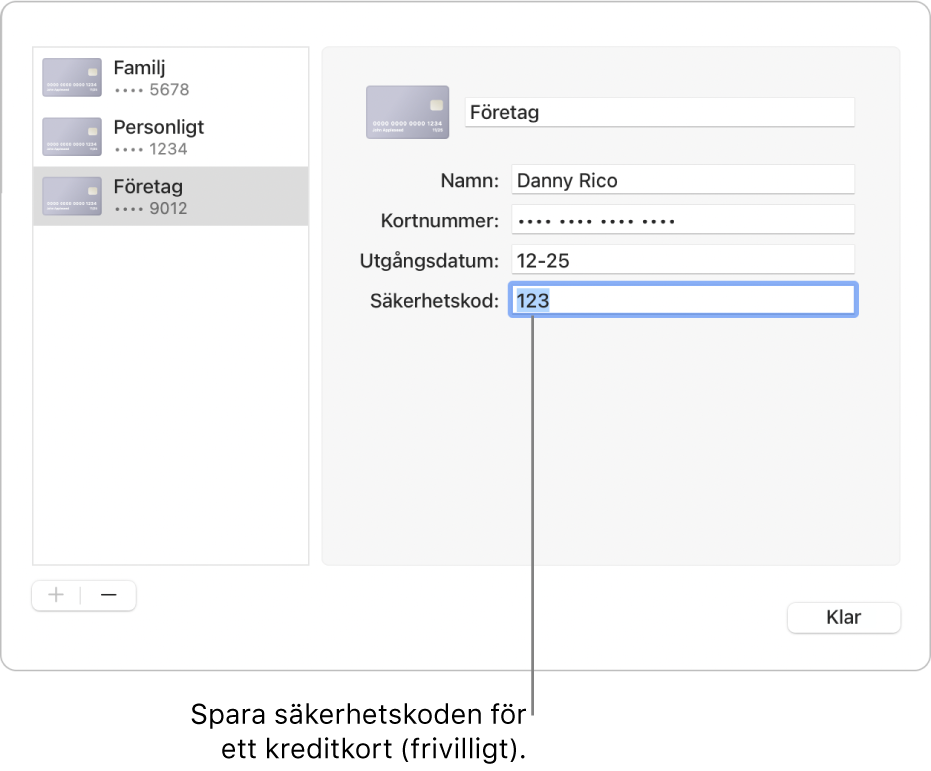 Ett kreditkortsformulär med fält för att ange namn, kortnummer, sista giltighetsdatum och säkerhetskod.