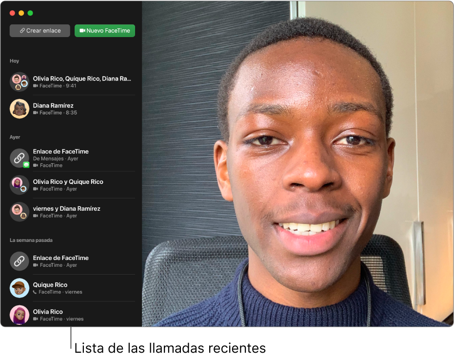 Una ventana de FaceTime que incluye en el lado izquierdo una lista de los participantes recientes.