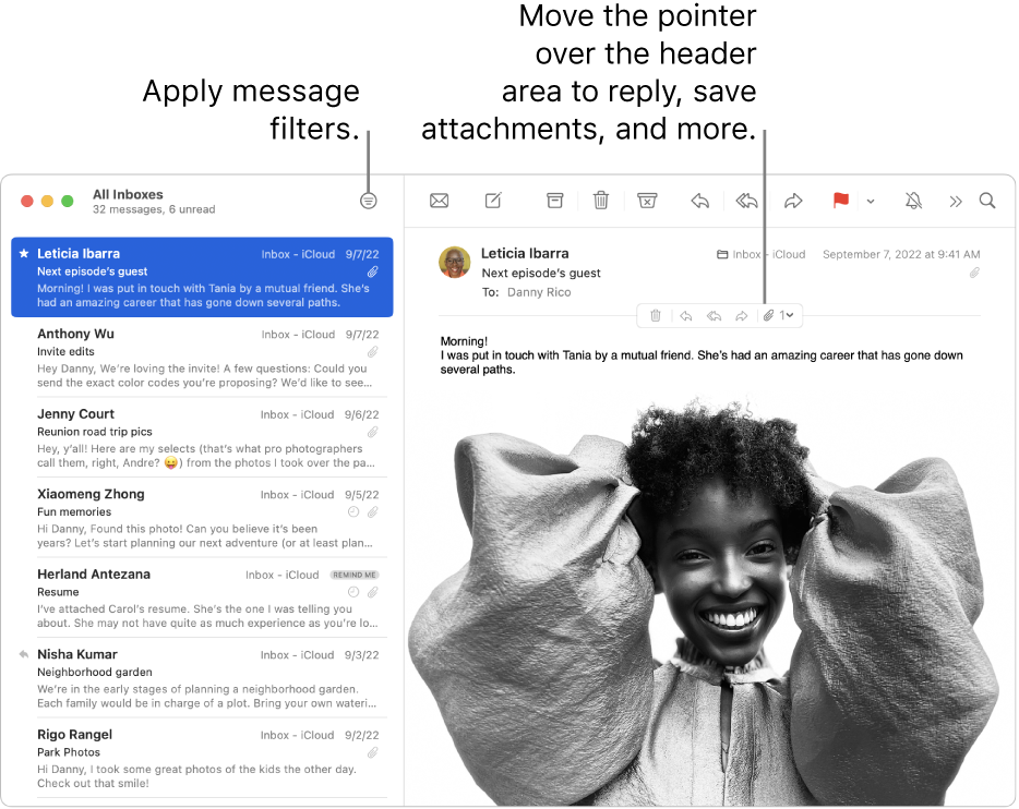 The Mail window. Click the Filter button in the toolbar to apply message filters. To reveal buttons for replying, saving attachments, and more, move the pointer over the header area of a message.