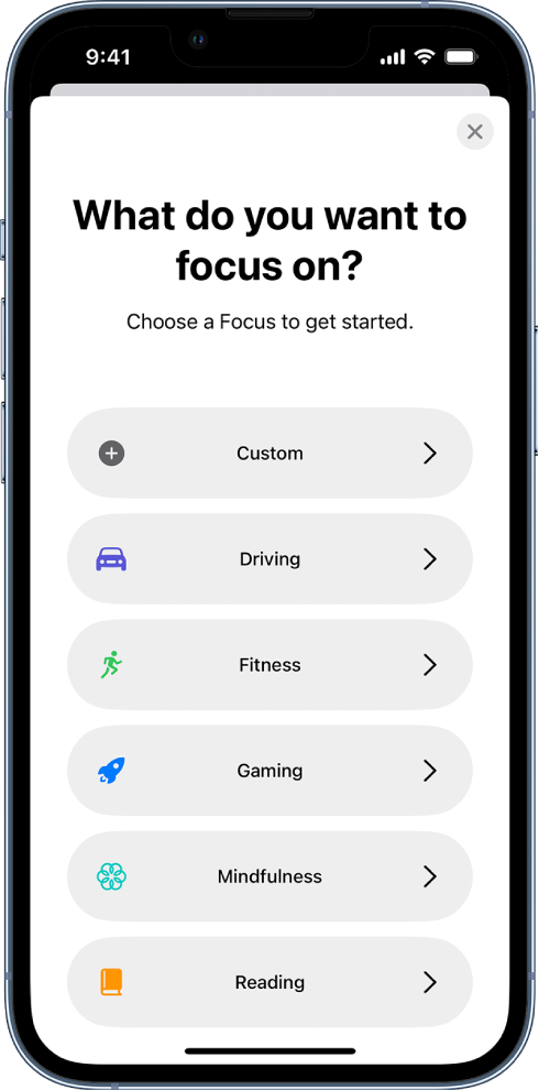 Një ekran i konfigurimit të Focus për një nga opsionet shtesë të dhëna të Focus, duke përfshirë Custom, Driving, Fitness, Gaming, Mindfulness dhe Reading.