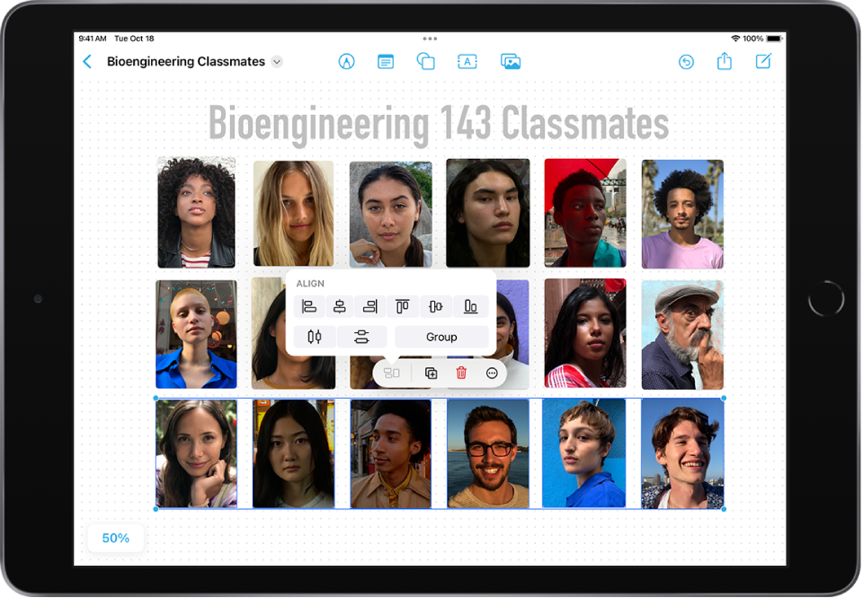 A Freeform board filled with a grid of photos. One row of photos is selected, and the alignment and grouping tools are visible.