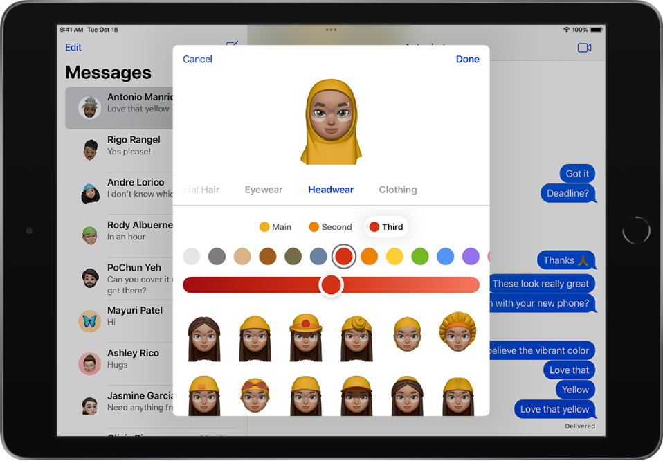 The Memoji screen, showing the character being created in the middle, features to customize below the character, then below that, options for the selected feature. The Done button is at the top right and the Cancel button is at the top left.