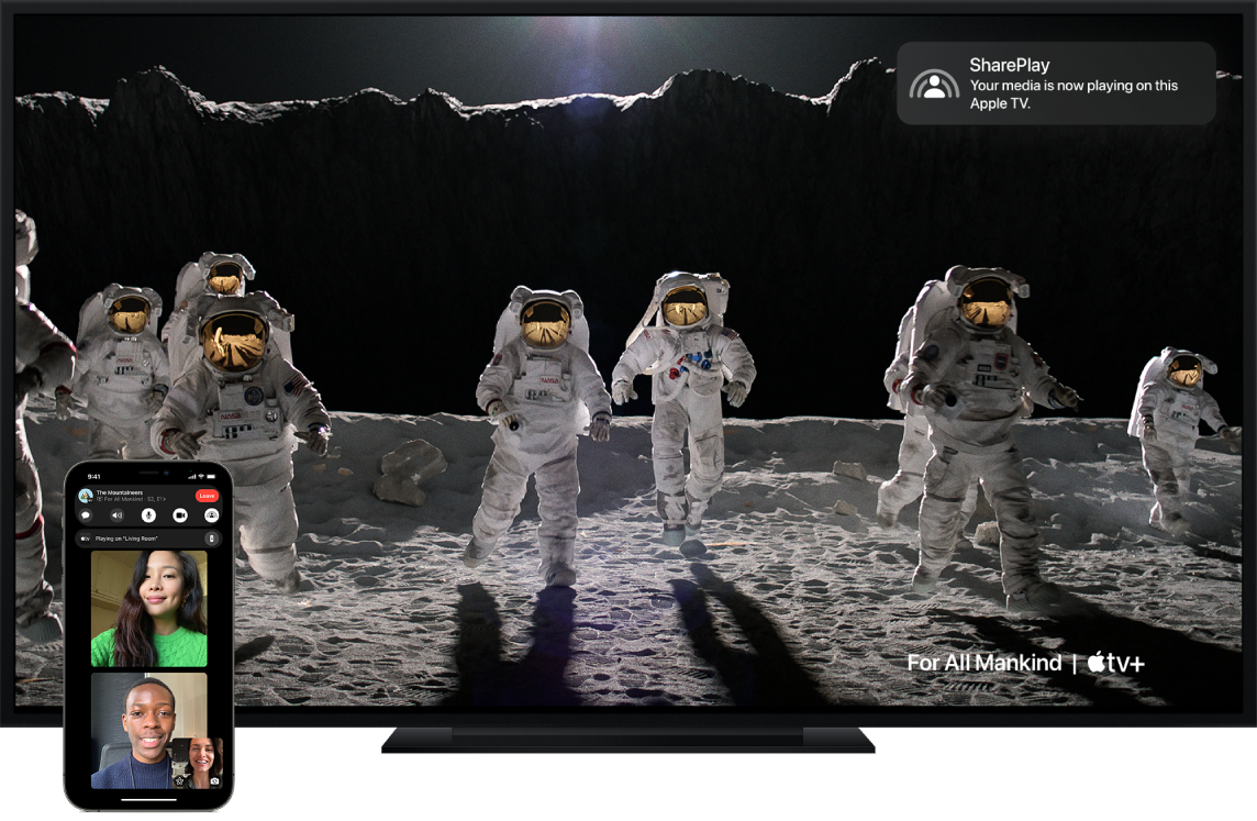 SharePlay example shown on an iPhone and Apple TV.