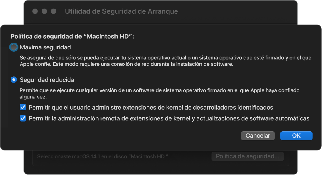 Un panel de selección de políticas de seguridad en Utilidad de Seguridad de Arranque, con la política Seguridad reducida seleccionada para el volumen Macintosh HD.