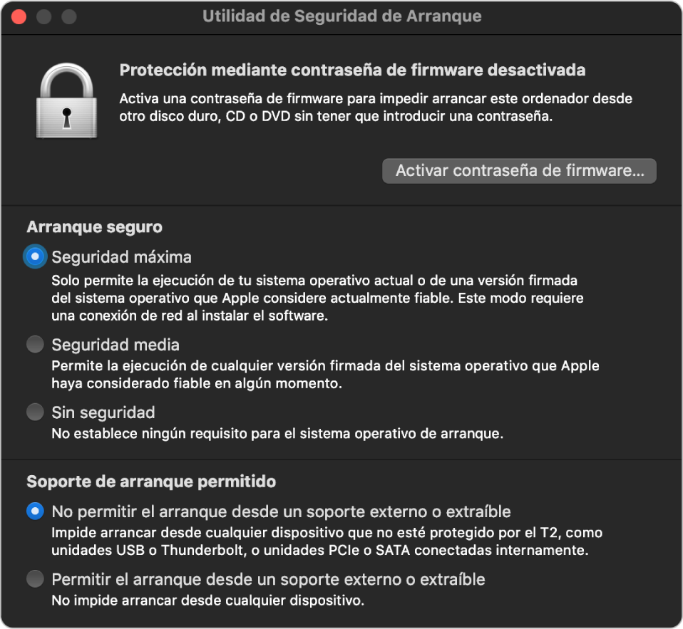 Ventana principal de “Utilidad de seguridad de arranque”, con una nota sobre la protección mediante contraseña de firmware, seguida por tres opciones de seguridad debajo de la sección “Arranque seguro” y dos opciones de seguridad debajo de la sección “Soporte de arranque permitido”.