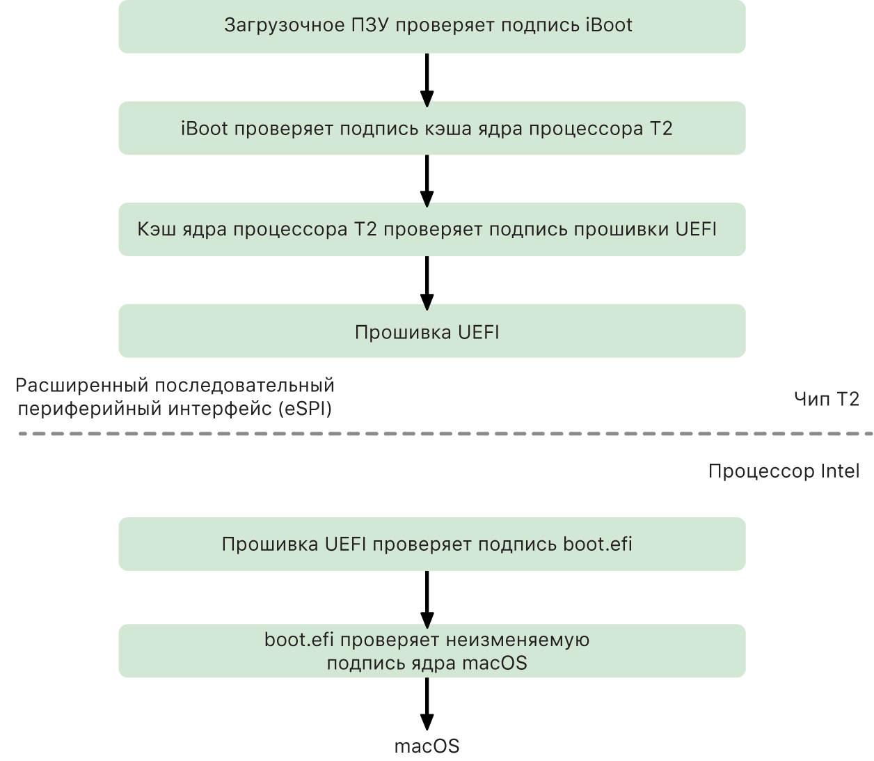 Процесс безопасной загрузки macOS на устройстве с чипом T2.
