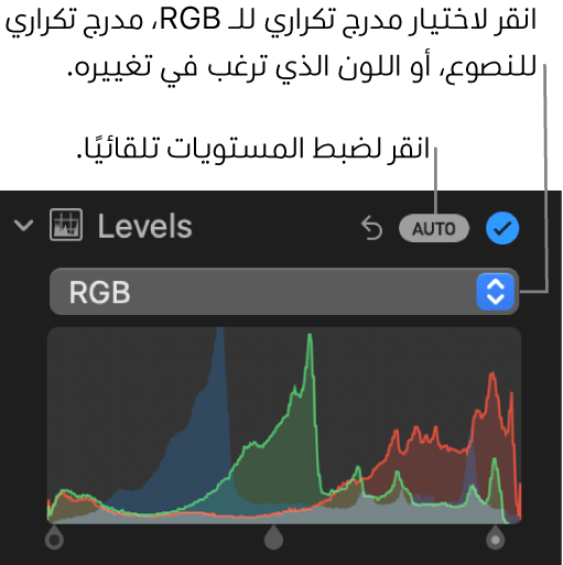 عناصر تحكم المستويات في الجزء ضبط، ويظهر الزر تلقائي في الزاوية العلوية اليسرى ومدرج RGB التكراري أدناه.