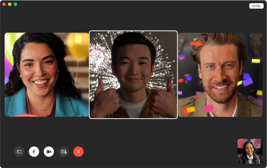 Une fenêtre FaceTime montrant trois personnes avec des arrière-plans animés. La personne du milieu lève le pouce de ses deux mains.
