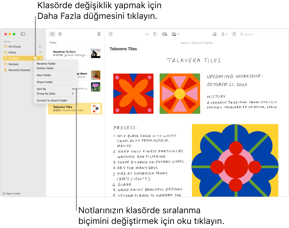 Klasörde değişiklikler yapabilmenizi sağlayan Daha Fazla düğmesini göründüğü ve kenar çubuğunda bir klasörün olduğu Notlar penceresi. Ortadaki notlar listesinin üstünde sıralama seçeneği bulunur ve bu seçenekle notların sıralaması değişir (farklı bir sıralama düzeni seçmek için oku tıklayın).