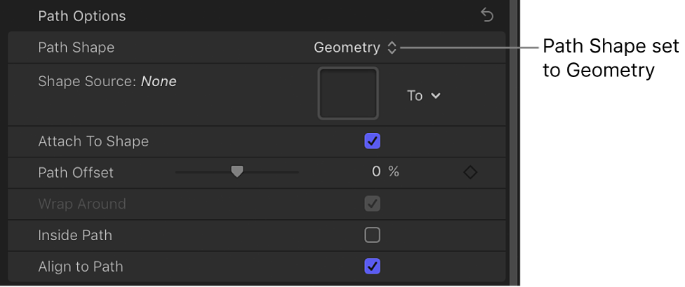 Einblendmenü „Form des Pfads“, das auf „Geometrie“ eingestellt ist, im Bereich „Layout“ des Informationsfensters „Text“