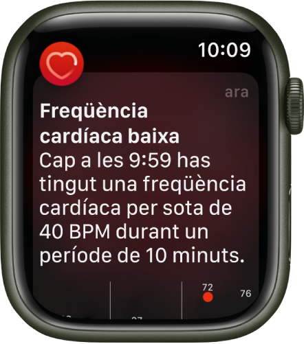 Pantalla “Freqüència cardíaca baixa” amb una notificació que indica que la teva freqüència cardíaca ha baixat dels 40 bpm durant 10 minuts.