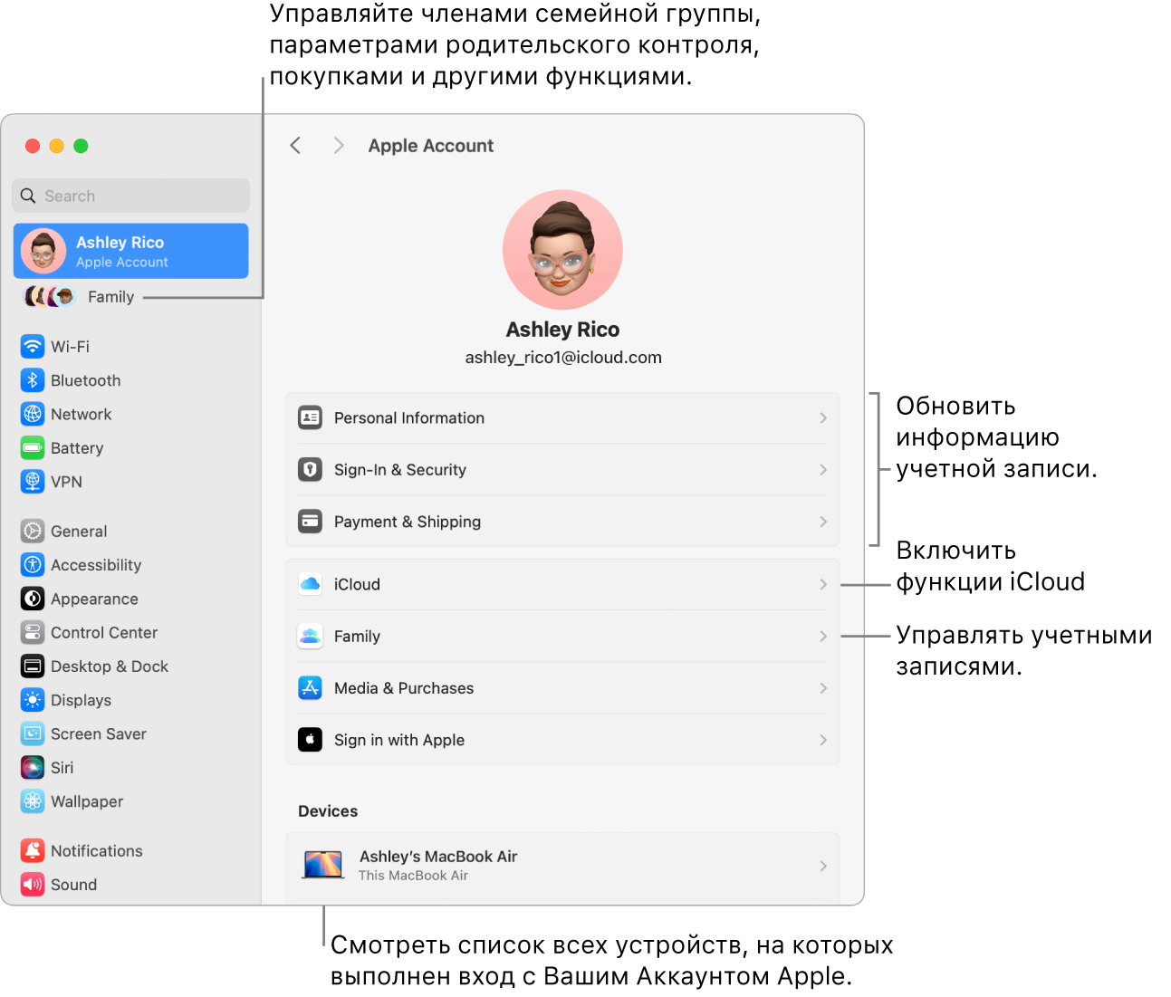 Настройки Аккаунта Apple в Системных настройках. Сносками показаны параметры обновления сведений учетной записи, включения или выключения функций iCloud и управления настройками учетных записей для мультимедиа. В настройках Семейного доступа показаны параметры управления устройствами членов семьи, родительским контролем, покупками и многим другим.