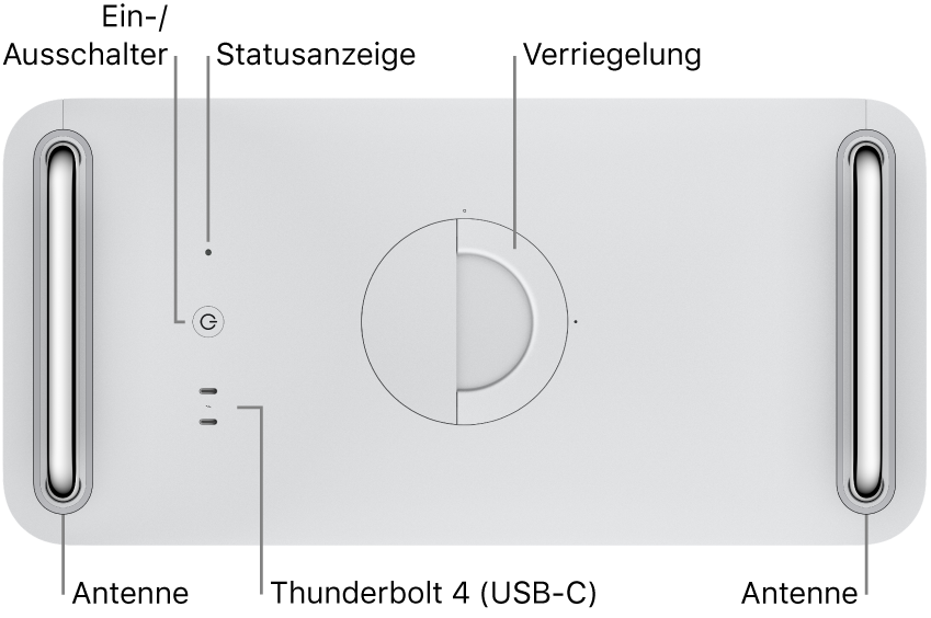 Oben auf dem Mac Pro befinden sich Ein-/Ausschalter, Betriebsanzeige, Verriegelung, zwei Thunderbolt 4-Anschlüsse (USB-C)  und zwei Antenne, eine links und eine rechts.