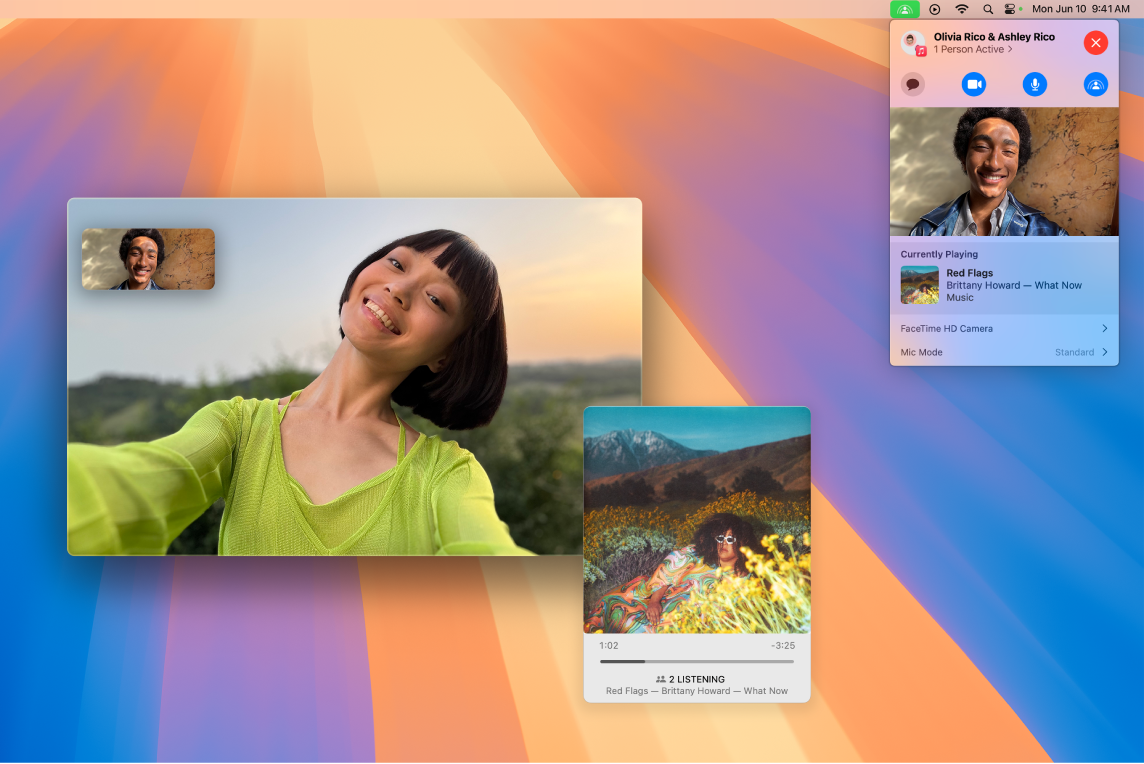 La ventana de FaceTime con una llamada cuyos participantes están utilizando SharePlay para escuchar un álbum juntos.