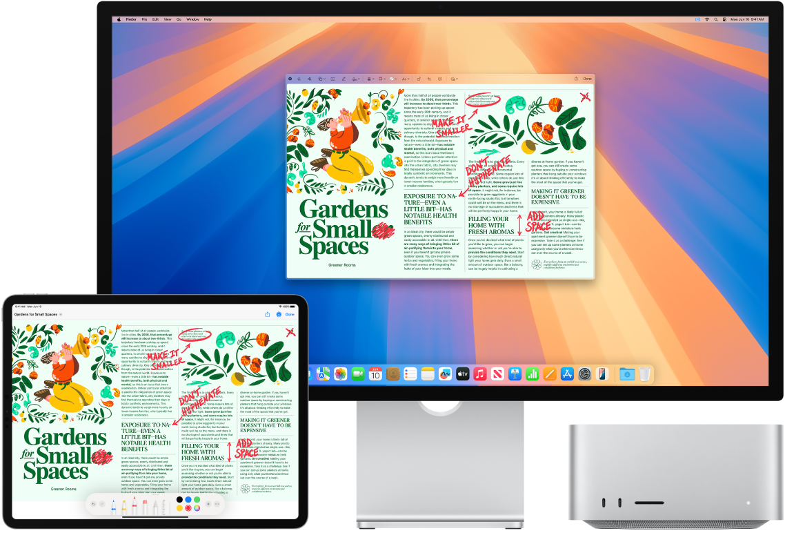 Un Mac Studio al lado de un iPad. Ambas pantallas muestran un artículo lleno de anotaciones a mano de color rojo, como frases tachadas, flechas y palabras añadidas. El iPad también tiene controles de marcación en la parte inferior de la pantalla.