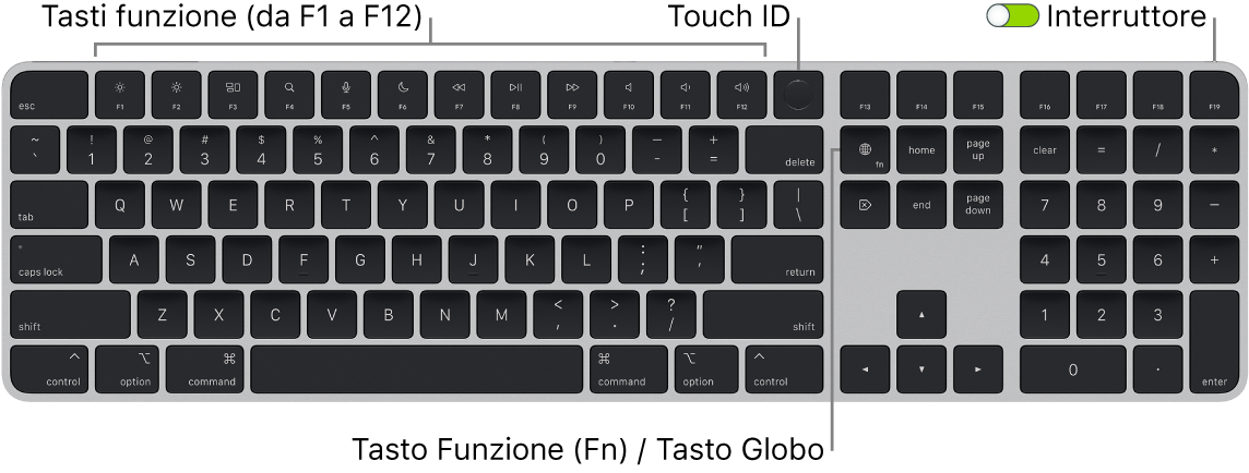 La tastiera Magic Keyboard con Touch ID e tastierino numerico che mostra i tasti funzione e Touch ID in alto e il tasto Funzione (Fn)/Globo a destra del tasto Canc.