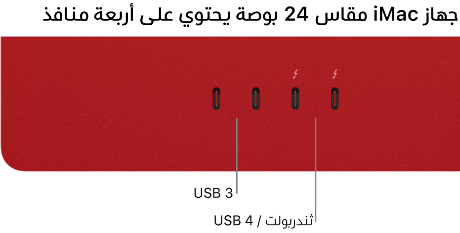 ‏iMac يعرض منفذي ثندربولت ٣ (USB-C) على اليمين ومنفذي ثندربولت / USB 4 على يسارهما.