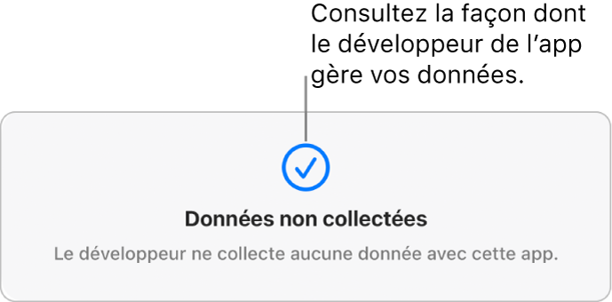 Une partie de la page principale Mac App Store, affichant l’engagement de confidentialité du développeur de l’app sélectionnée.