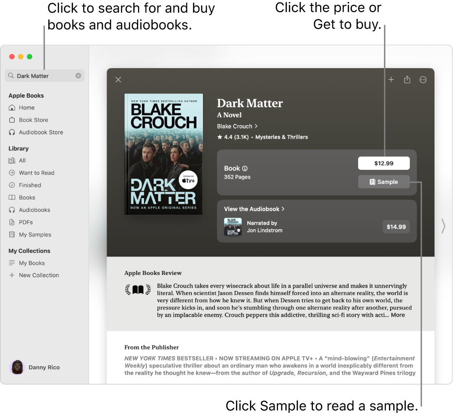 A window with a book title in the search field on the left. On the right, the book’s page is displayed with options to buy the book or audiobook, or to read a sample. The window also shows reviews and a note from the publisher.