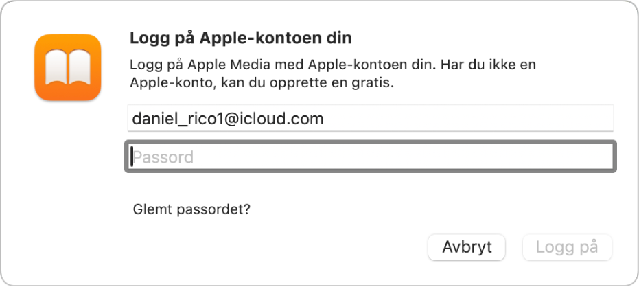 Dialogen Logg på Apple-kontoen din i Bøker-appen.