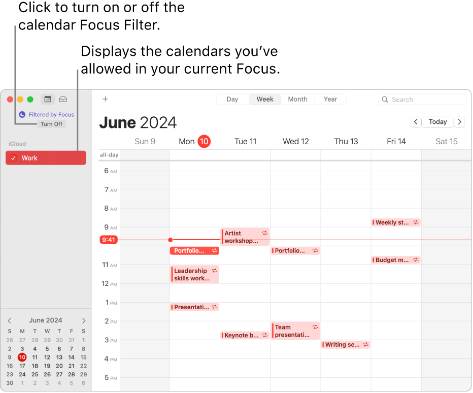 A Calendar window in Week view showing only the Work calendar in the sidebar after the Work Focus has been turned on.