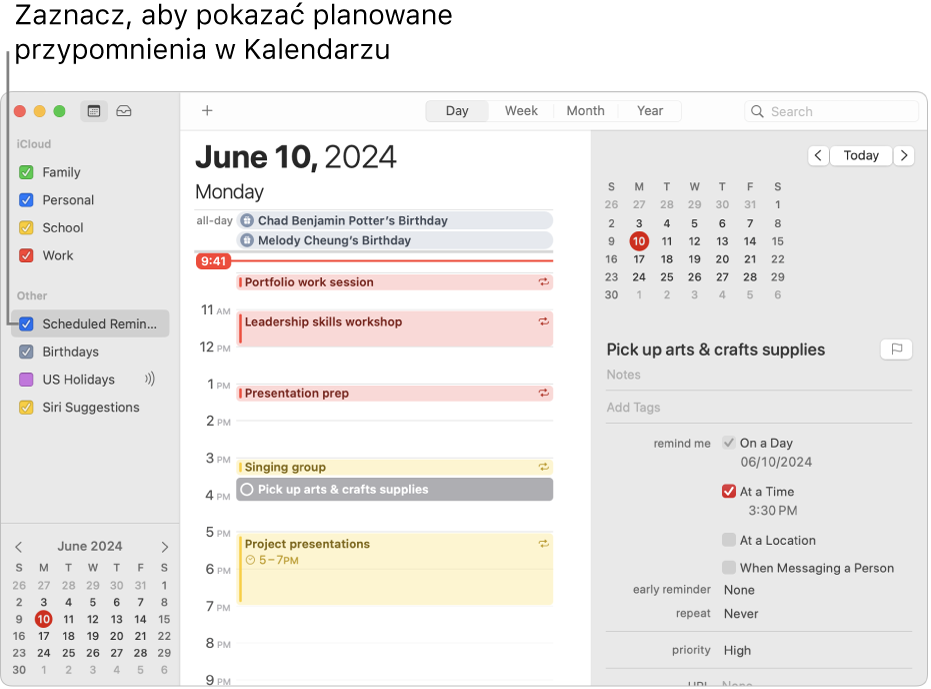 Okno aplikacji Kalendarz w widoku dnia, przedstawiające listę kalendarzy i zaznaczone pole wyboru Przypomnienia zaplanowane. Harmonogram Dzień przedstawiający wydarzenia i zaplanowane przypomnienia wraz z obszarem dodawania przypomnień po prawej stronie.