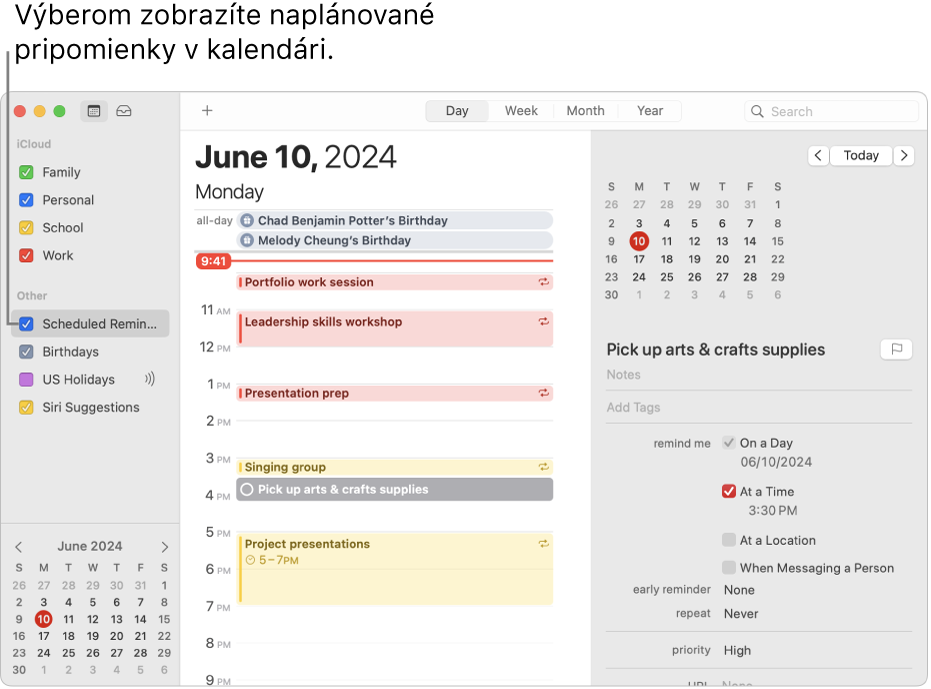 Okno apky Kalendár v zobrazení dňa so zoznamom kalendárov a zaškrtnutým políčkom Naplánované pripomienky. Rozvrh dňa zobrazuje udalosti a naplánovanú pripomienku s oblasťou na pridávanie pripomienok vpravo.