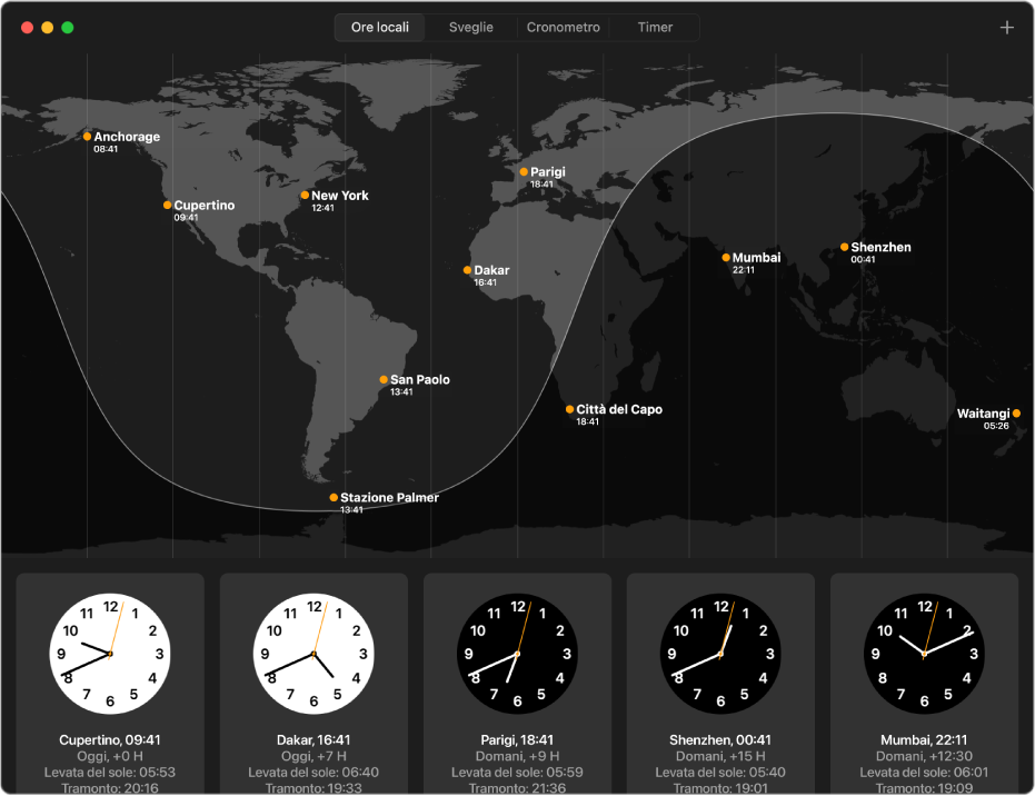 Nel pannello “Ore locali” nell’app Orologio, sono assegnate etichette alle città del mondo e agli orari locali. Sotto la mappa viene visualizzata una fila di orologi, uno per ciascuna delle cinque città evidenziate nella mappa del mondo, con informazioni aggiuntive per ognuna di esse.